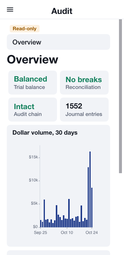 The audit console on a phone: a section picker over a single column