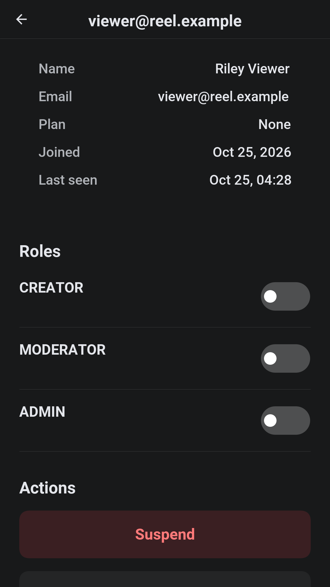 An account’s page in the admin console with its name, plan and dates, switches for its roles and the action to suspend it