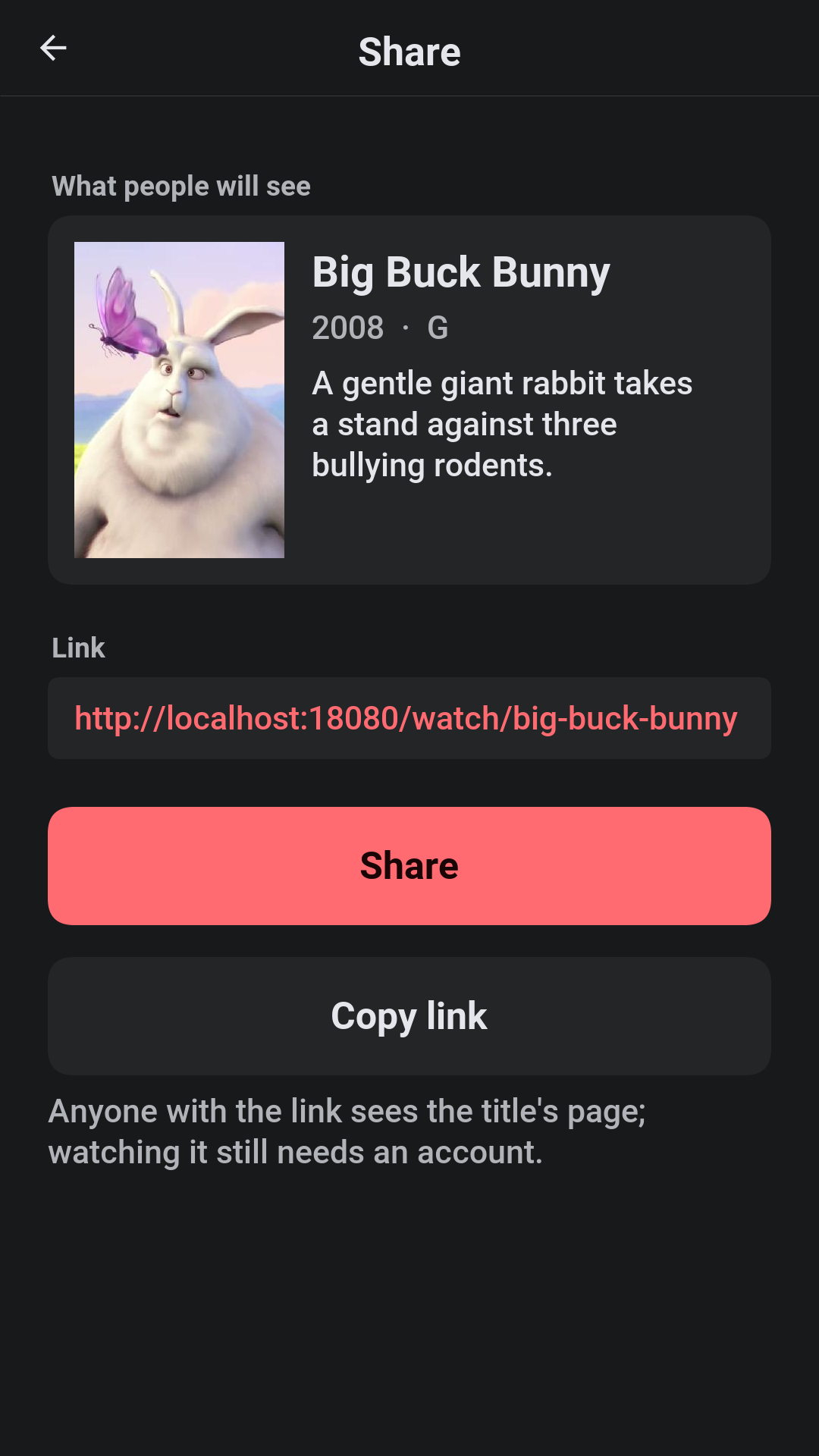 The share screen: a preview card with the title’s poster, name, year, rating and synopsis, the link, and buttons to share it and copy it